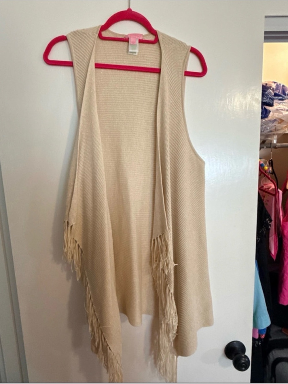 Lilly Pulitzer Cream and Gold Open-Front Fringe Sweater Vest